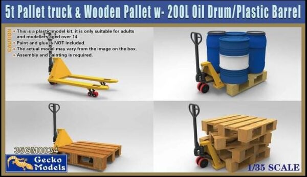 GECKO 35GM034 1/35 Pallet Truck with Wooden Pallets and 200 Ltr Oil Drums