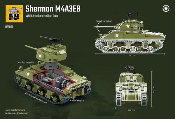 BUILD ARMY 1001 1/33 USA M4 Sherman Tank Brick Model with Interior Detail Overlord - Image 3