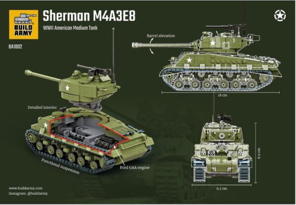 BUILD ARMY 1002 1/33 USA M4 Sherman M4A3E8 Easy Eight Brick Model with Interior Detail Overlord - Image 3