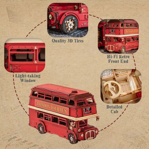 Rolife ROKR TGM02 3D Wooden Puzzle London Tour Bus Model Kits for the Family to enjoy. - Image 3