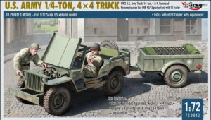 Mirage Hobby 720012 1/72 3D Printed US Army 1/4-Ton 4x4 Truck plus trailer and 2 GI's Overlord